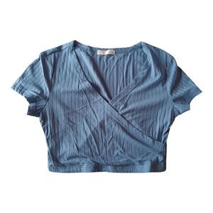 ROMWE Blue Ribbed Crop Wrap Blouse